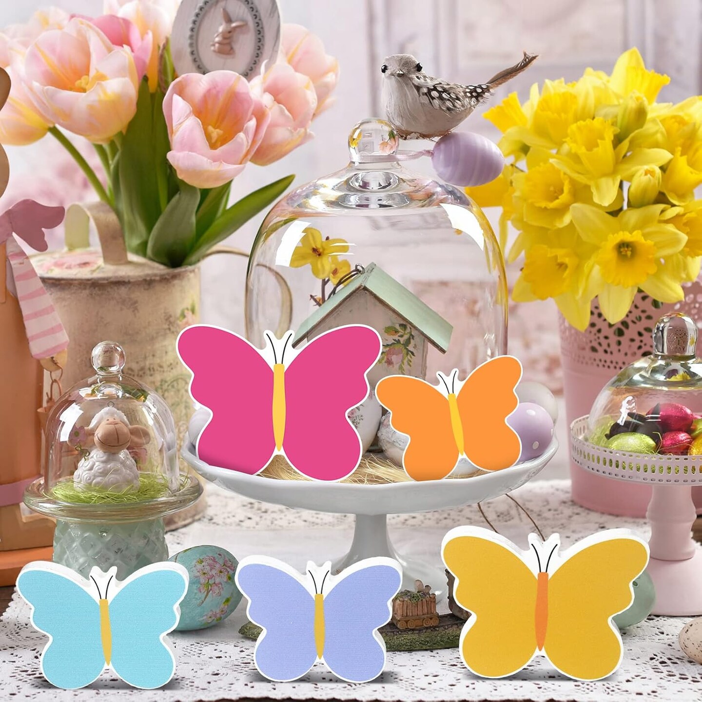 6-Piece Spring Butterfly Wooden Sign Set – 3D Colorful Tiered Tray & Farmhouse Table Decor