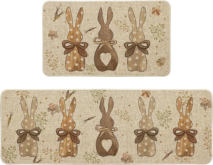 Wood Carrots Rabbit Bunny Easter Kitchen Mats Set of 2, Spring Home Decor Low-Profile Kitchen Rugs for Floor - 17x29 and 17x47 Inch