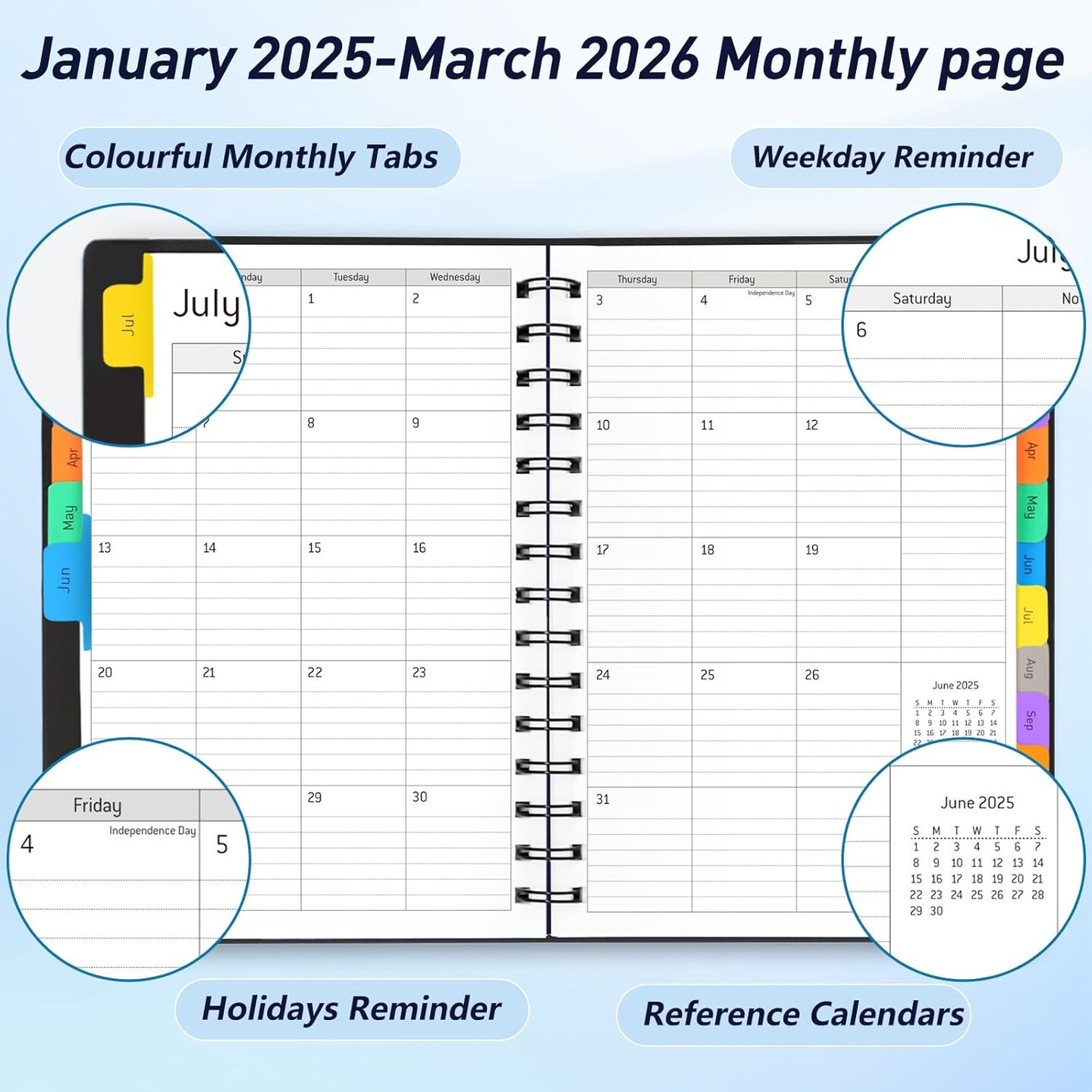 Daily Planner 2025-2026, 15 Month Planner with Tabs, Yearly Monthly Weekly Daily Time Management Planner, January 2025-March 2026, Office Home School Supplies for Women &#x26; Men-A5(5.7&#x22; x 8.3&#x22;), Black, 100GSM Thick Paper, Spiral Bound