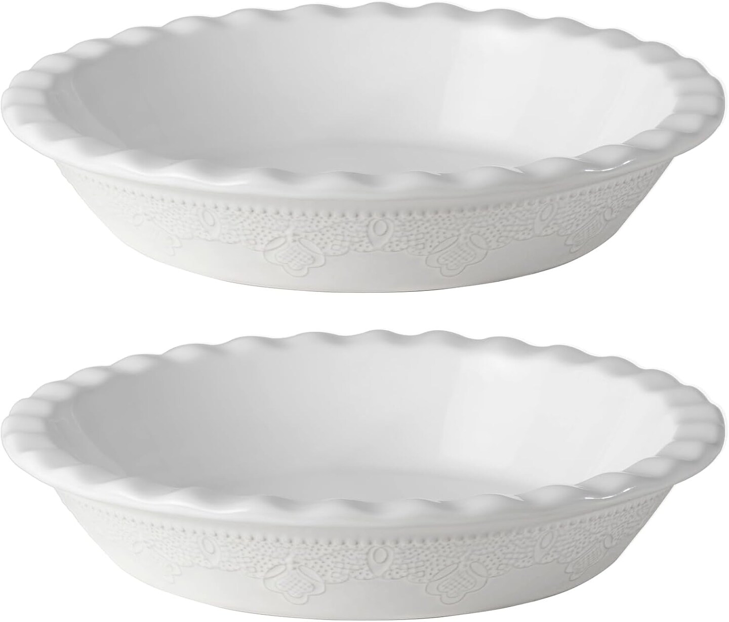 9 Inch Ceramic Pie Dish, Deep Dish Pie Pan with Lace Emboss, Ruffled Pie Plate for Baking