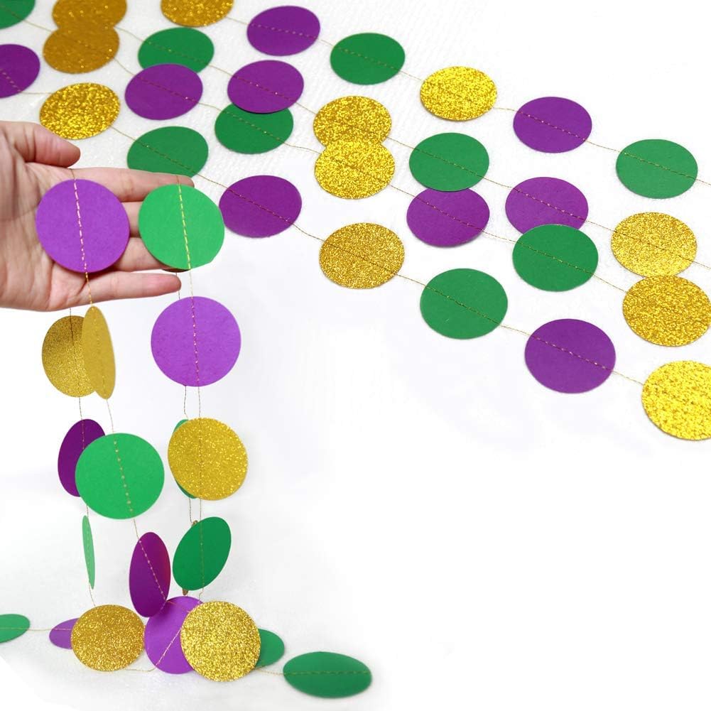 Gold Purple Green Mardi Gras Party Decorations Glitter Dot Garland Circle Streamers Banner Backdrop for Fat Tuesday Carnival Themed Parties Wedding Baby Shower Birthday Decor