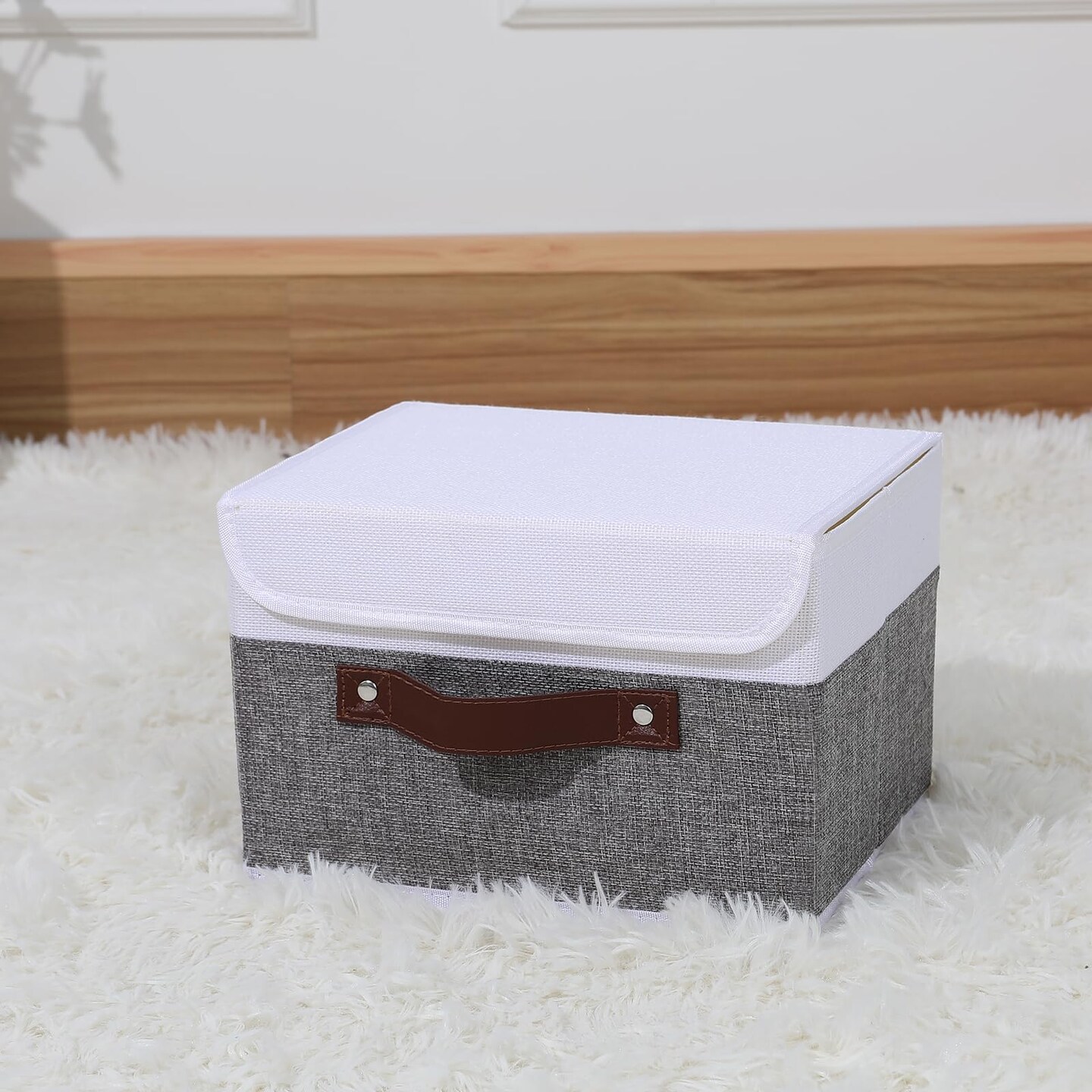 ANMINY Storage Boxes with Lids Washable Decorative Storage Bins Basket with PU Leather Handle Foldable Linen Fabric Storage Cubes Containers for Home Closet Organizer - Gray White, Small Size