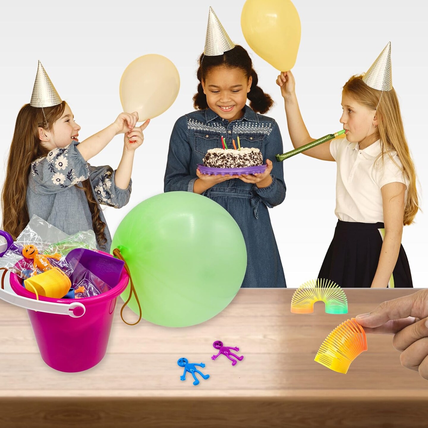 4E's Novelty 108 Pcs Prizes, 36 Of Each, Punch Balloons, Mini Coil Spring, Stretchy Bendable Man, Birthday Party Favor Sets for Kids, Sensory Fidget Treasure Chest Prize Box Toys for Classroom