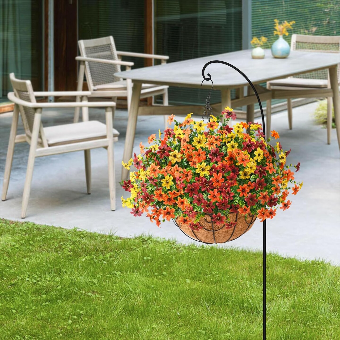 Artificial Faux Hanging Flowers Plants Basket for Outdoor Spring Decoration,Fake Silk Daisy in Planter UV Resistant Realistic for Outside Home Porch Patio Yard Balcony Decor(Orange Brown Yellow)
