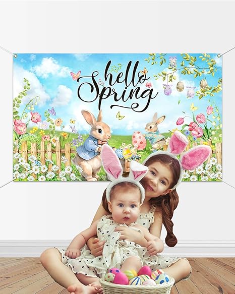 Hello Spring Backdrop Easter Party Banner Greenery Spring Festival Easter Photo Backdrop Colorful Happy Easter Party Decorations Supplies Banner (Greenery, 70.8x43.3 inch)
