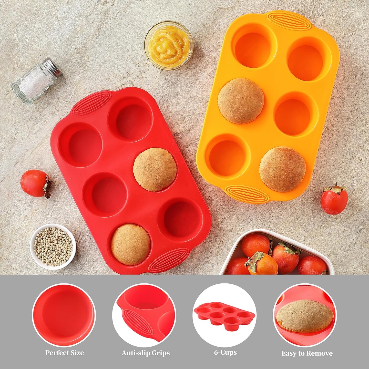 2PCS Silicone Muffin Cupcake Pan Molds, 6-Cavity Non Stick Silicone Muffin Pans for Baking Muffin