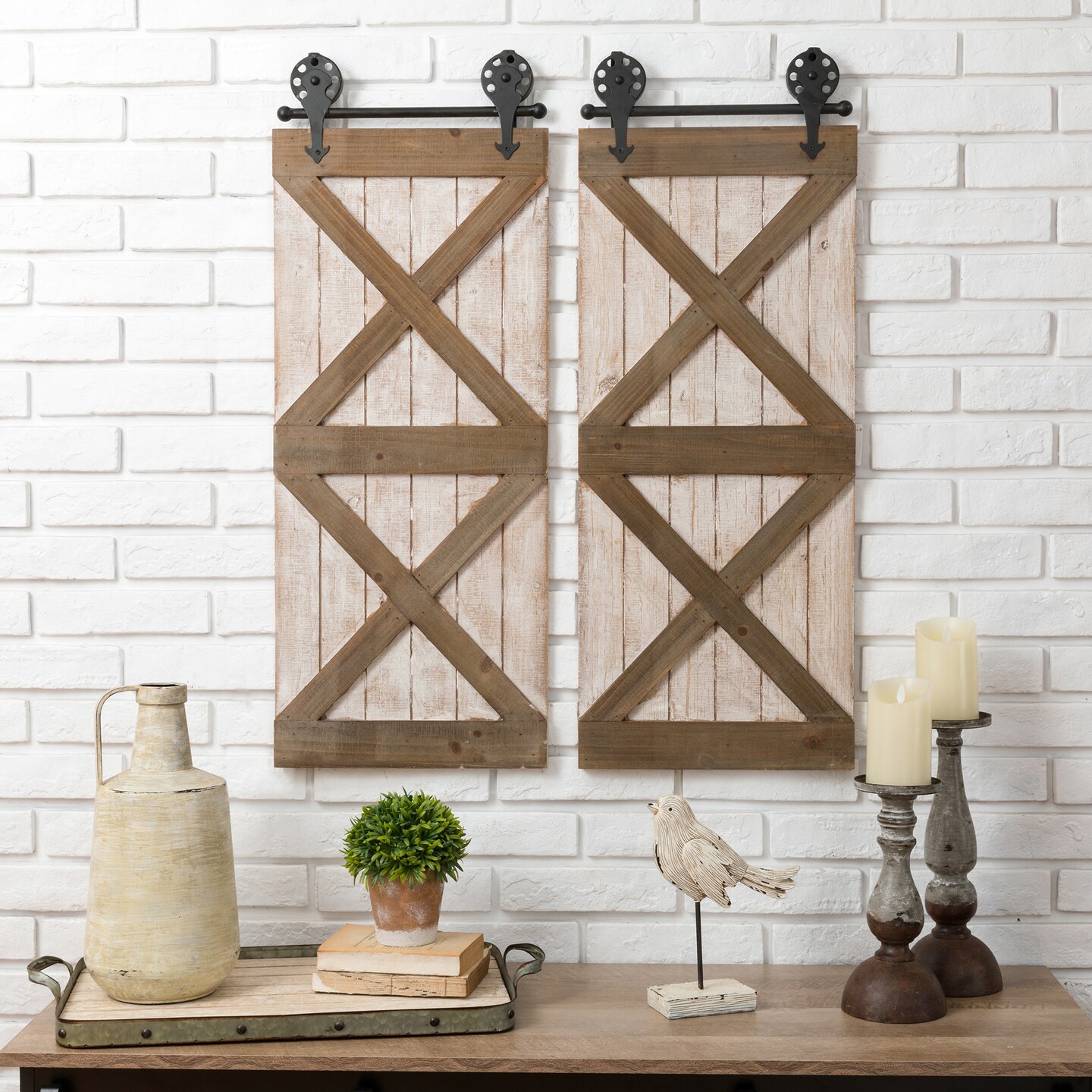 Set of 2 35&#x22;H Farmhouse Wooden Barn Doors Wall Decor