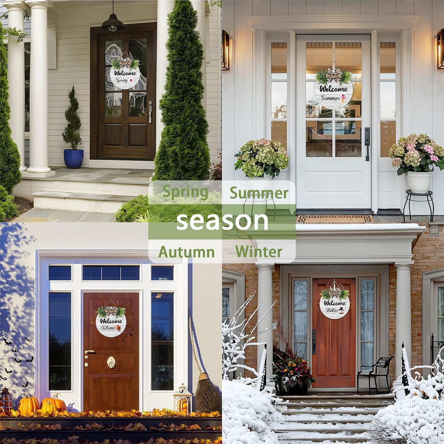 Interchangeable Wooden Seasonal White Welcome Sign, Rustic Welcome Front Door Wreaths
