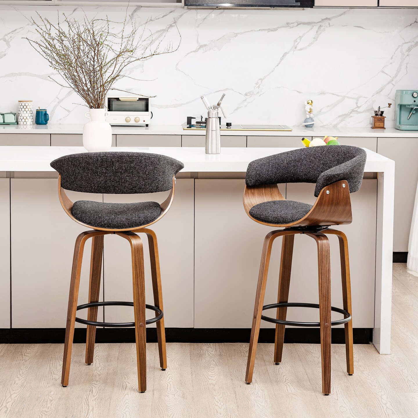 Set of 2/4 Modern Counter & Bar Height Wooden Swivel Bar Stools
