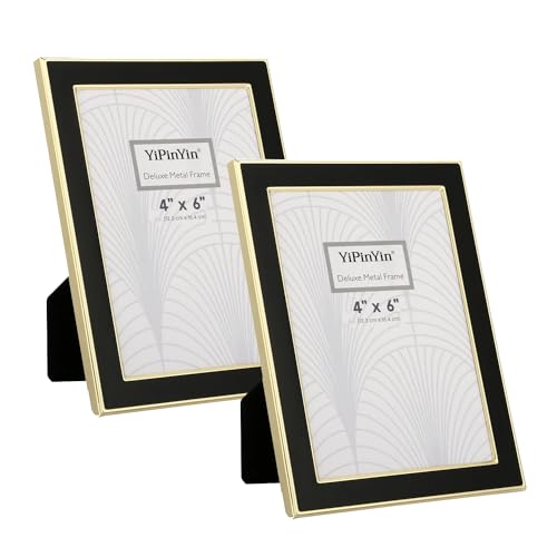 4x6&#x27;&#x27; Gold Metal Edge frames with Black Enamel set of 2, 6x4&#x27;&#x27;Gold/Black Frame with Easel, Velvet Backing for Countertop, Tabletop Display, Bookshelf, Desk, 4x6&#x27;&#x27;Wall Frames, (4x6&#x27;&#x27; Black/Gold)