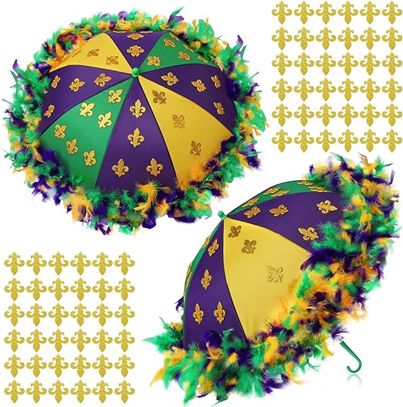 2 Pcs Mardi Gras Umbrella 22 x 2 Inch Second Line Umbrella with 2 Purple Yellow Green Feather String 2 Glue Point and 200 Glitter Stickers Mardi Gras Decoration for Masquerade Costume