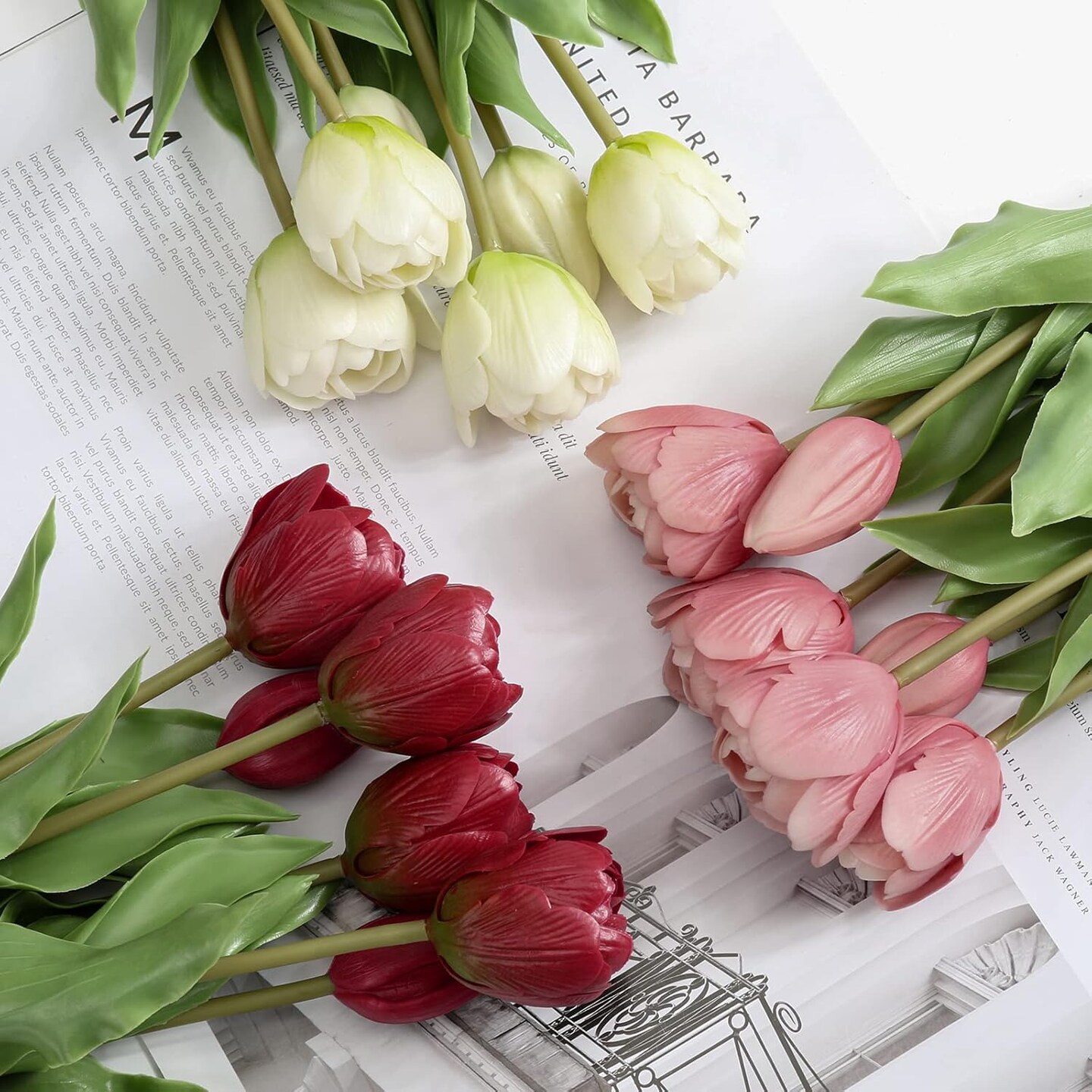 6 Pcs Artificial Tulips Flowers Pink Real Touch Fake Latex Tulips Flowers for Mother&#x27;s Day 14&#x22; Faux Tulips Faux Flowers for Vase Centerpieces Home Wedding Bouquet