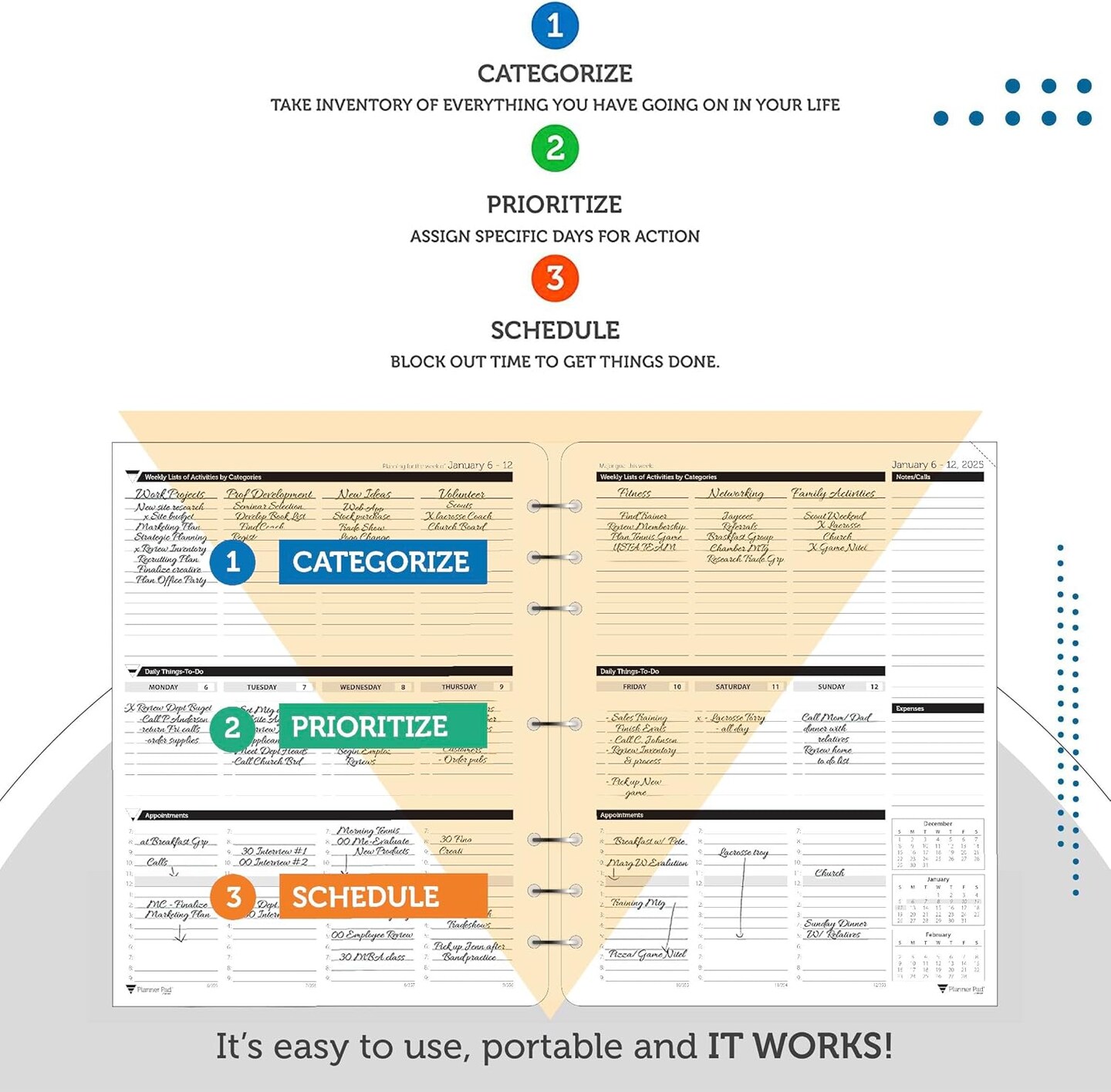 Planner Pad 7 Hole Loose Leaf January-December 2025/ Calendar Year 8 1/2" x 11" Large 3-Tier Funnel Down 12 Month Organizer, Black Ink