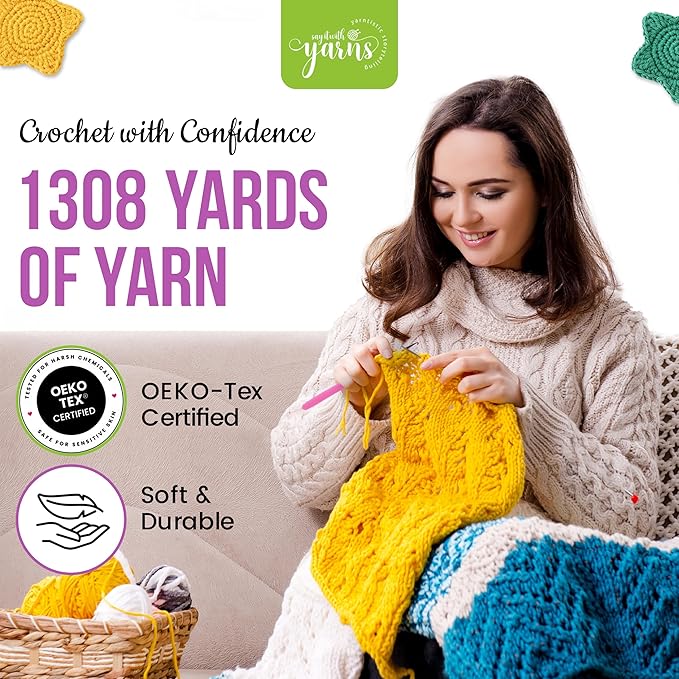 Crochet Yarn for Crocheting - 1308 Yards Acrylic Yarn for Crafts - 12x50g(1.7oz) Assorted Craft Yarn Set - Crochet Gift for Crocheters - Soft Knitting Yarn Bundle