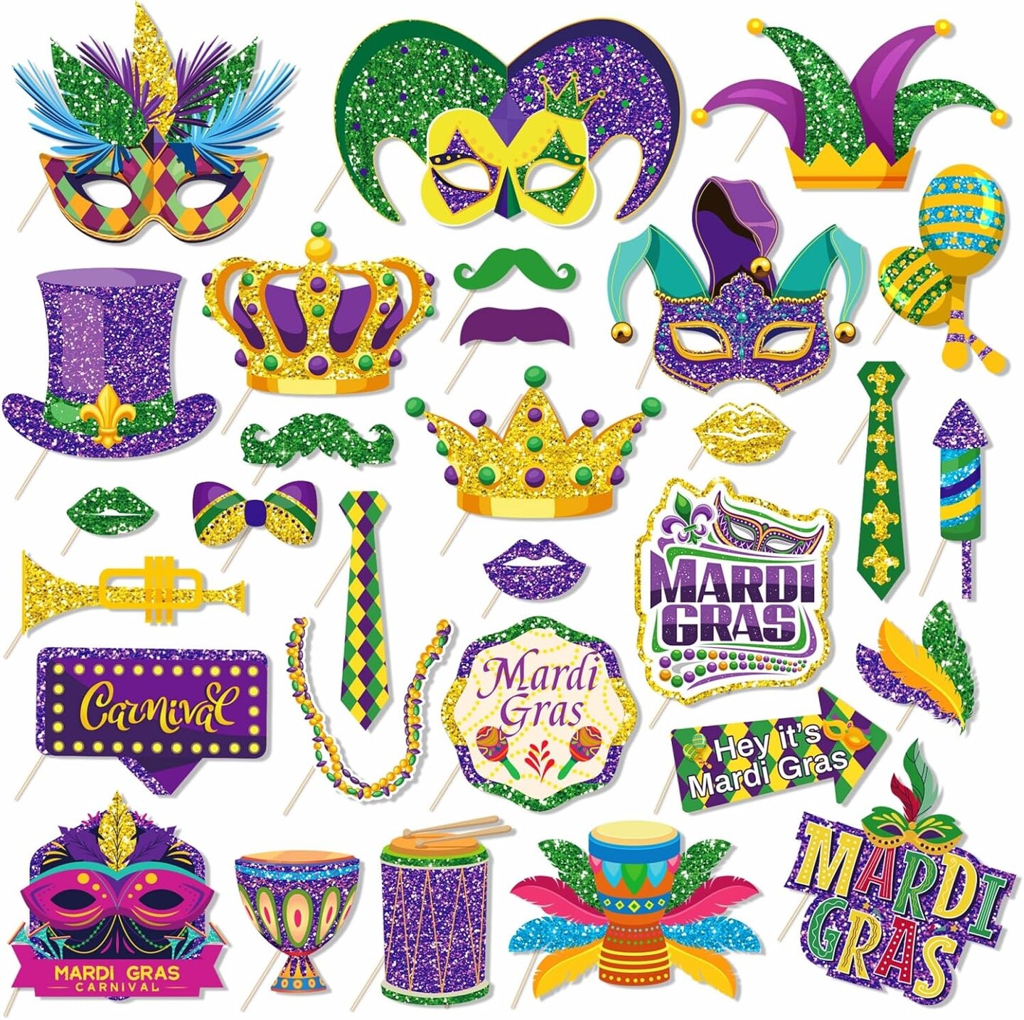 30 Pieces Mardi Gras Photo Booth Props Masquerade Party Photo Booth Props for New Orleans Party Birthday Party Supplies Decorations