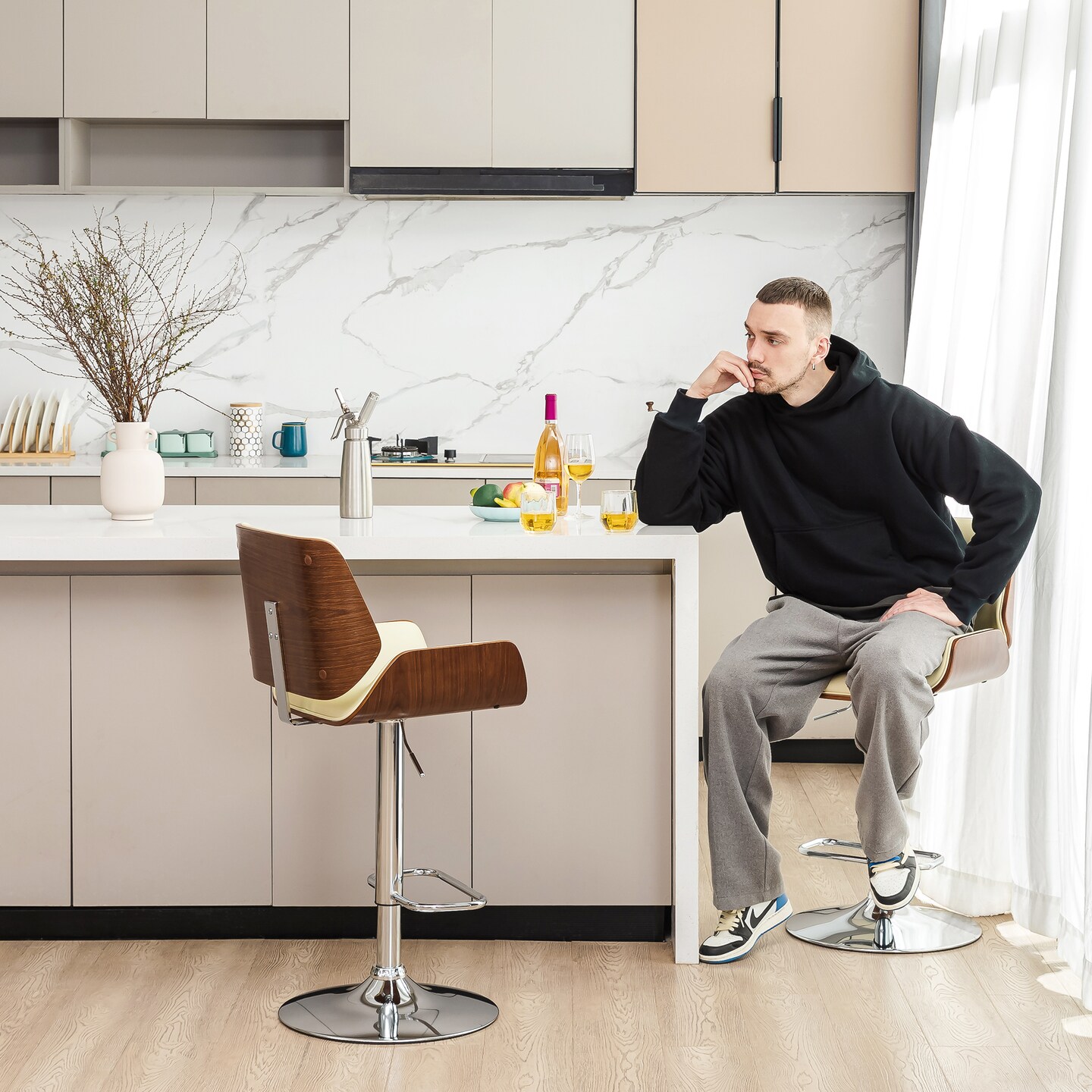 Set of 2 Mid-century Modern Leatherette Adjustable Height Swivel Bar Stool with Black Metal Base