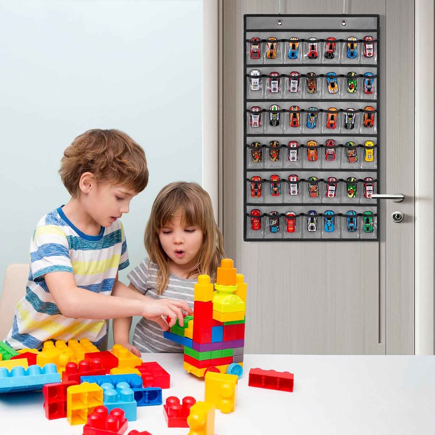 Toy Car Storage Organizer Hanging Toy Wheels Cars Holder Matchbox Cars Display Case with 42 Clear Pockets (One Side-Grey)