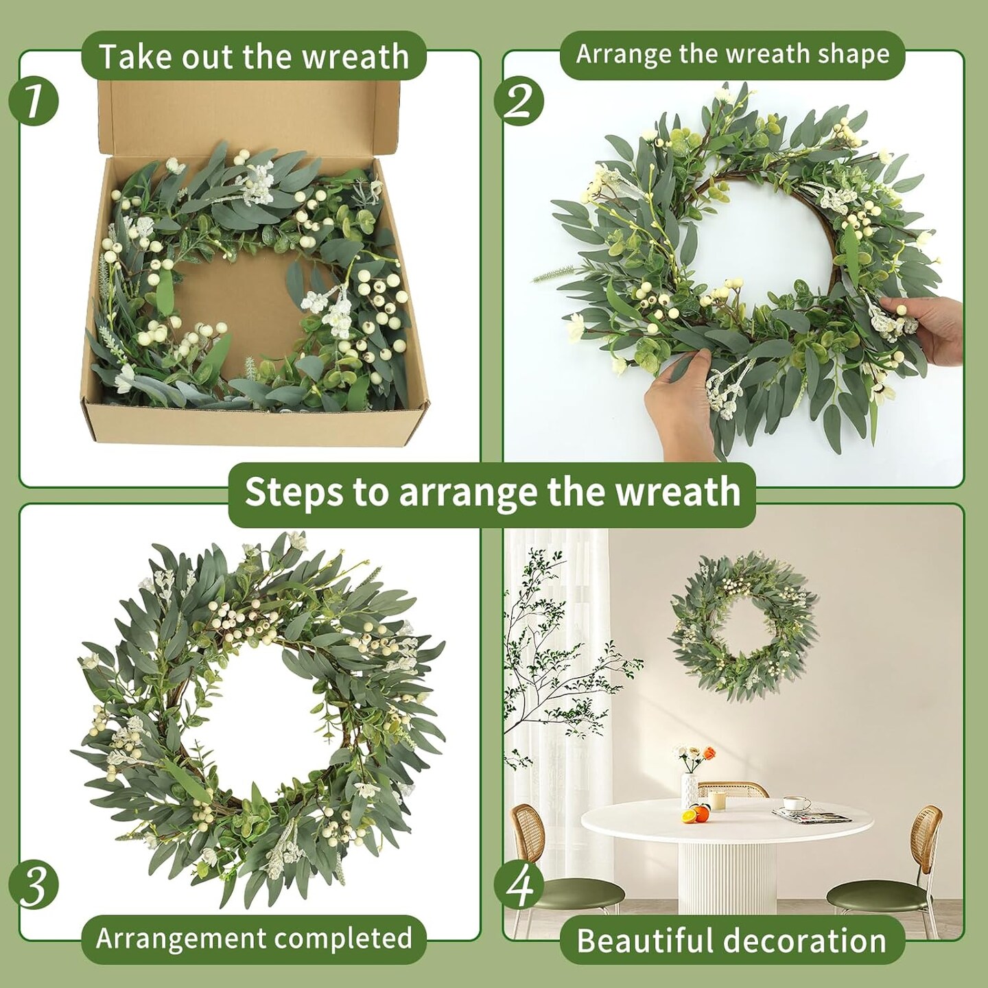 20&#x22; Artificial Eucalyptus Wreath - Spring/Summer Green Wreath with White Berries