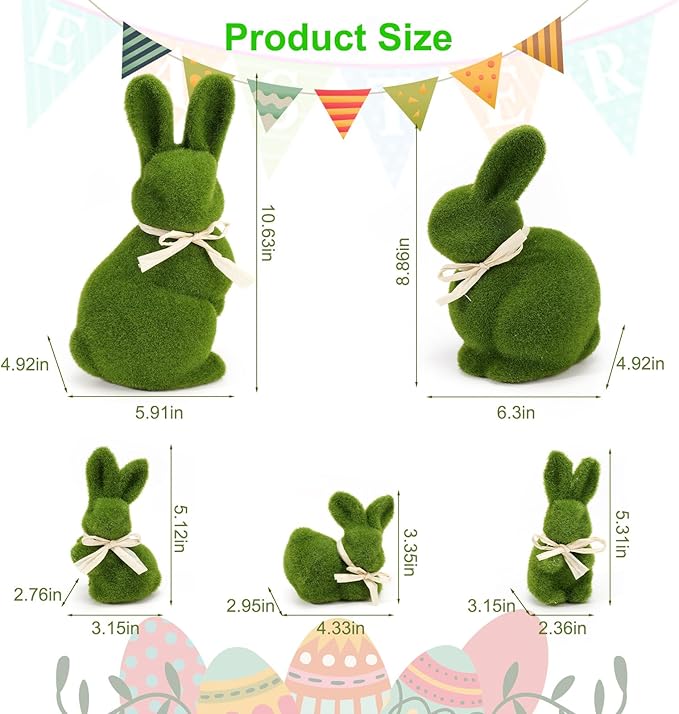 10/5 Inches Moss Bunny Easter Home Decor,Set of 5 Green Faux Moss Parents n Baby Easter Bunny Decor for Easter Decorations,Cute Bunny Figurines as Spring Decor