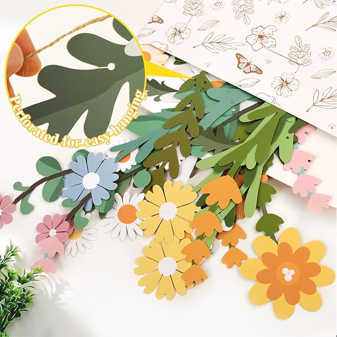 Flower Leaves Banner Paper Flower Garland Paper Wildflower Party Decorations Floral Daisy Banner for Wall Decoration Spring Garden Backdrop Wedding Decor