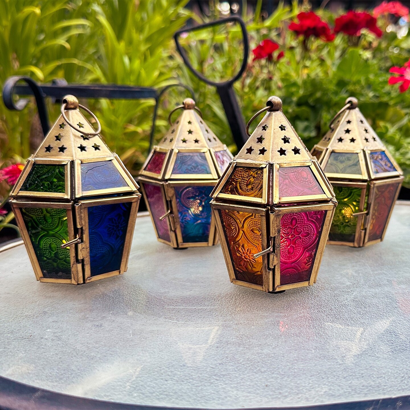 In the Breeze 9205 &#x2014; Blue &#x26; Green Mini Hex Tealight Lantern &#x2014; Moroccan-Style Boho Chic Tealight Glass and Metal Tabletop Lantern