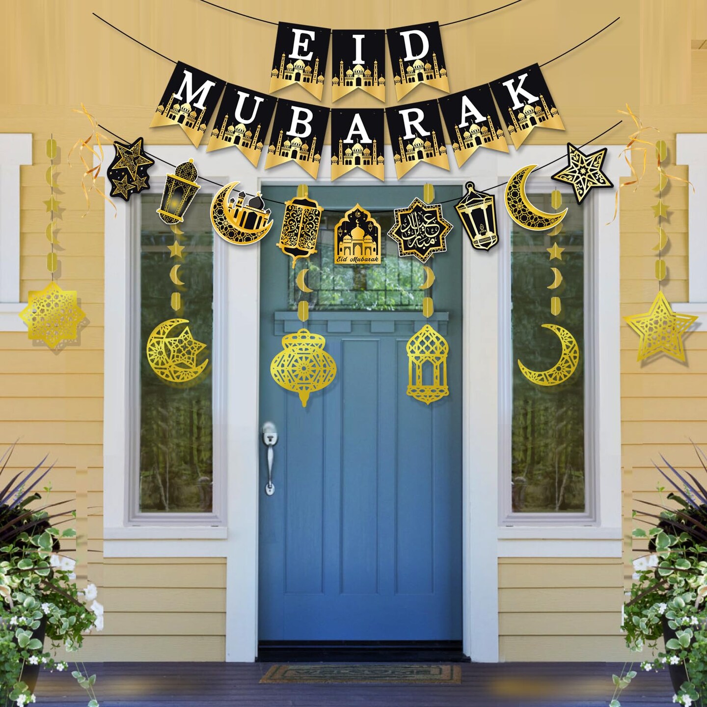Ramadan Mubarak Decorations, Eid Decorations for Home - Preassembled Ramadan Eid Mubarak Banners, 16 Pcs Eid Balloons, 6 Pcs Islamic Star Moon Lantern Garland Streamer, 10 Pcs Cupcake Toppers