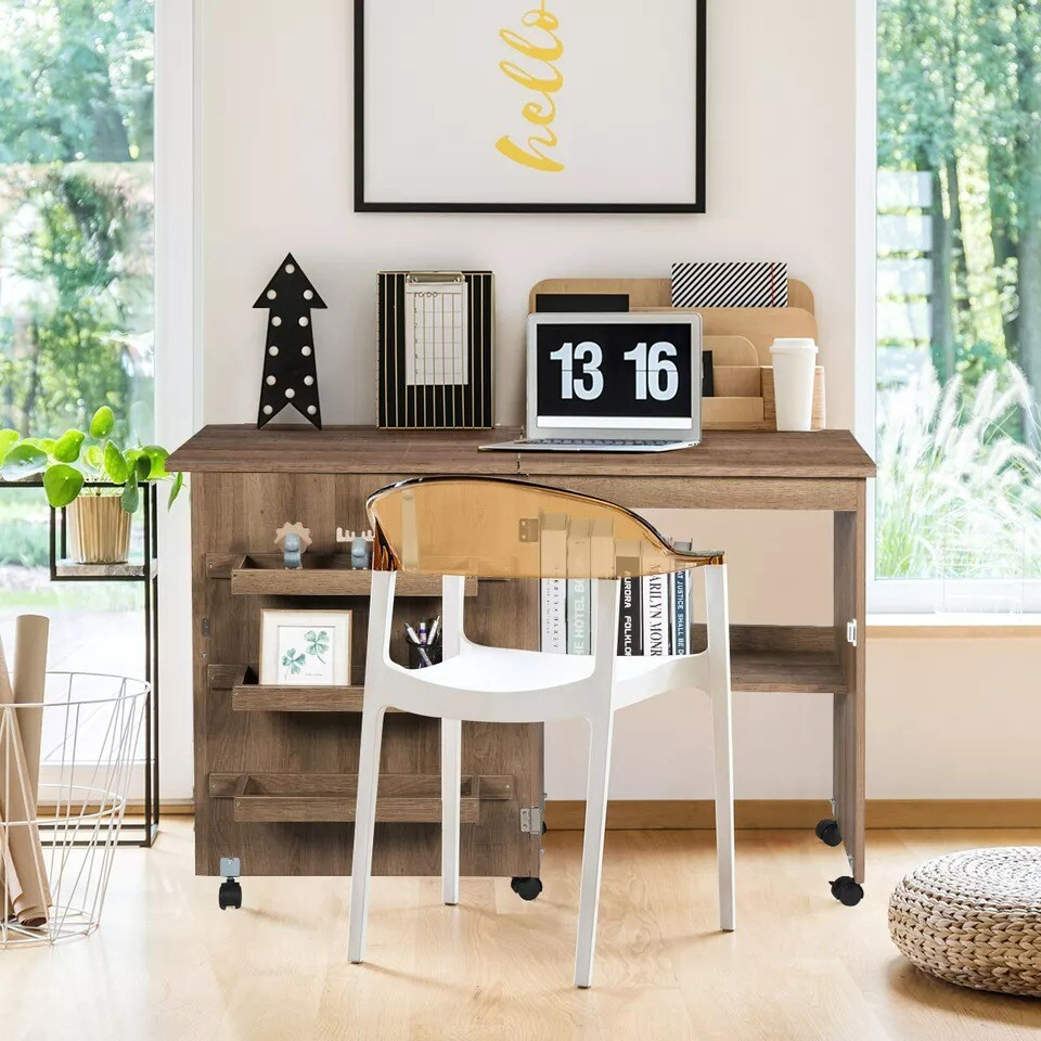 Costway Utility Sewing Craft Table Folding Design w/Storage Cabinet Wheels Brown