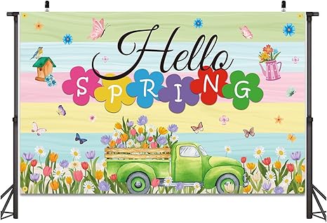 Hello Spring Backdrop Banner 71 x 45 Inch Large Colorful Spring Truck Tulips Flowers Background Banner Spring Easter Holiday Party Decorations Spring Break Indoor Outdoor Photo Booth Props