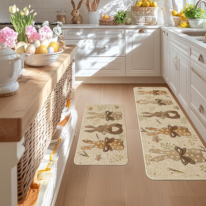 Wood Carrots Rabbit Bunny Easter Kitchen Mats Set of 2, Spring Home Decor Low-Profile Kitchen Rugs for Floor - 17x29 and 17x47 Inch
