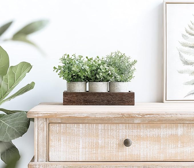 3-Pack Mini Artificial Eucalyptus Plants with Wood Tray – Farmhouse Table Centerpiece Decor