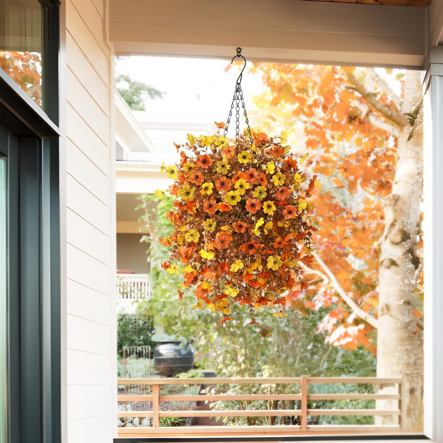 Artificial Faux Hanging Plants Flowers Basket for Outdoor Spring Decoration,Fake Silk Orange Mums planters UV Resistant Look Real for Home Porch Patio Balcony Yard Outside Summer Decor (Orange Yellow)