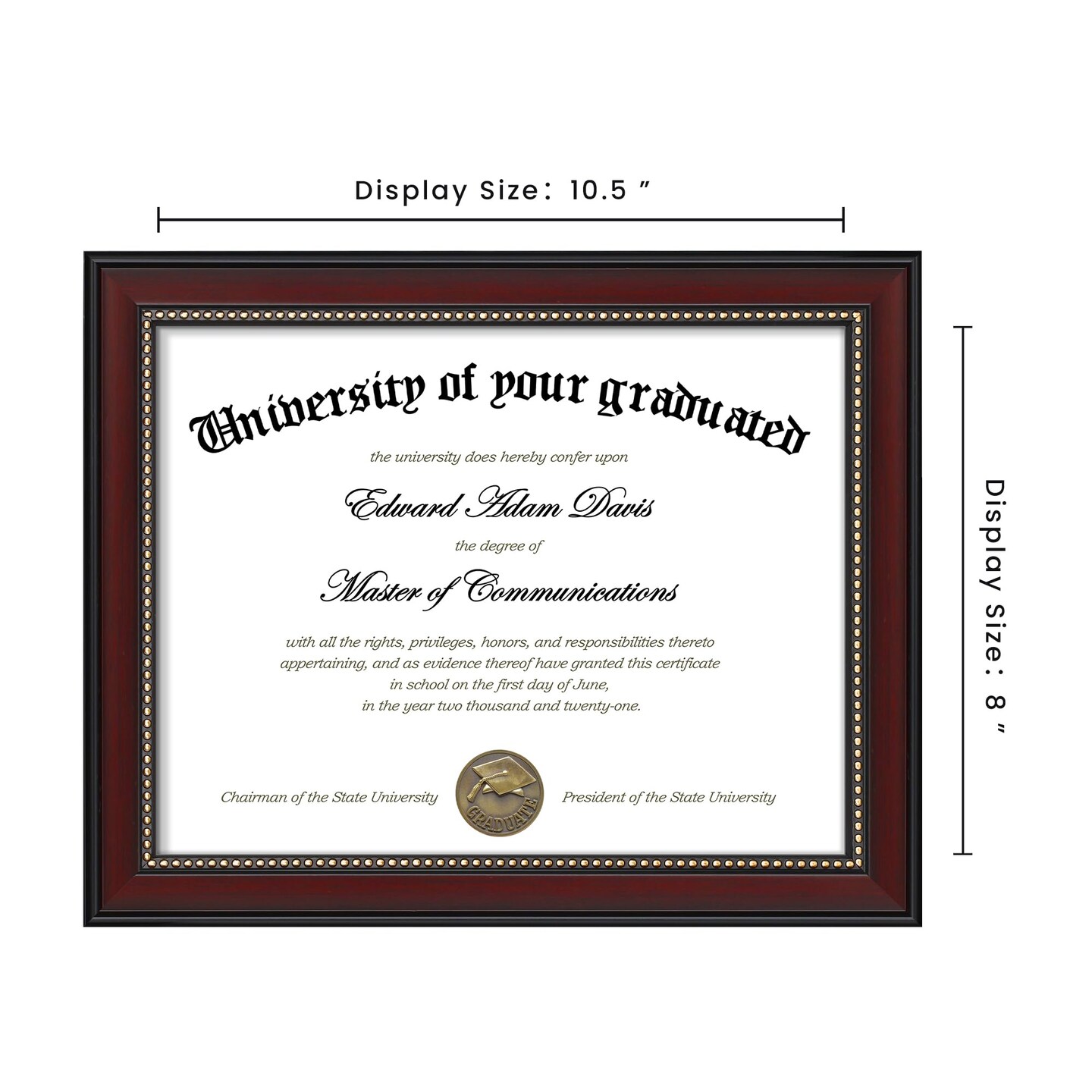 8.5x11 Diploma Certificate Frame with High Definition Glass, Degree Document Frame for Wall and Tabletop, Mahogany with Gold Beads, 1 Pack
