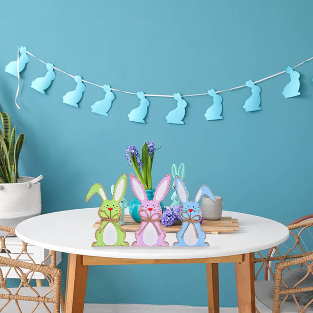 GHOSTMAGIC Easter Decorations for Home, 3PCs Easter Bunny Table Decor, Natural Wooden Easter Centerpiece Signs, Easter Decor Rustic Tabletop for Tiered Tray Decor Farmhouse Easter Gifts (3 Colors)