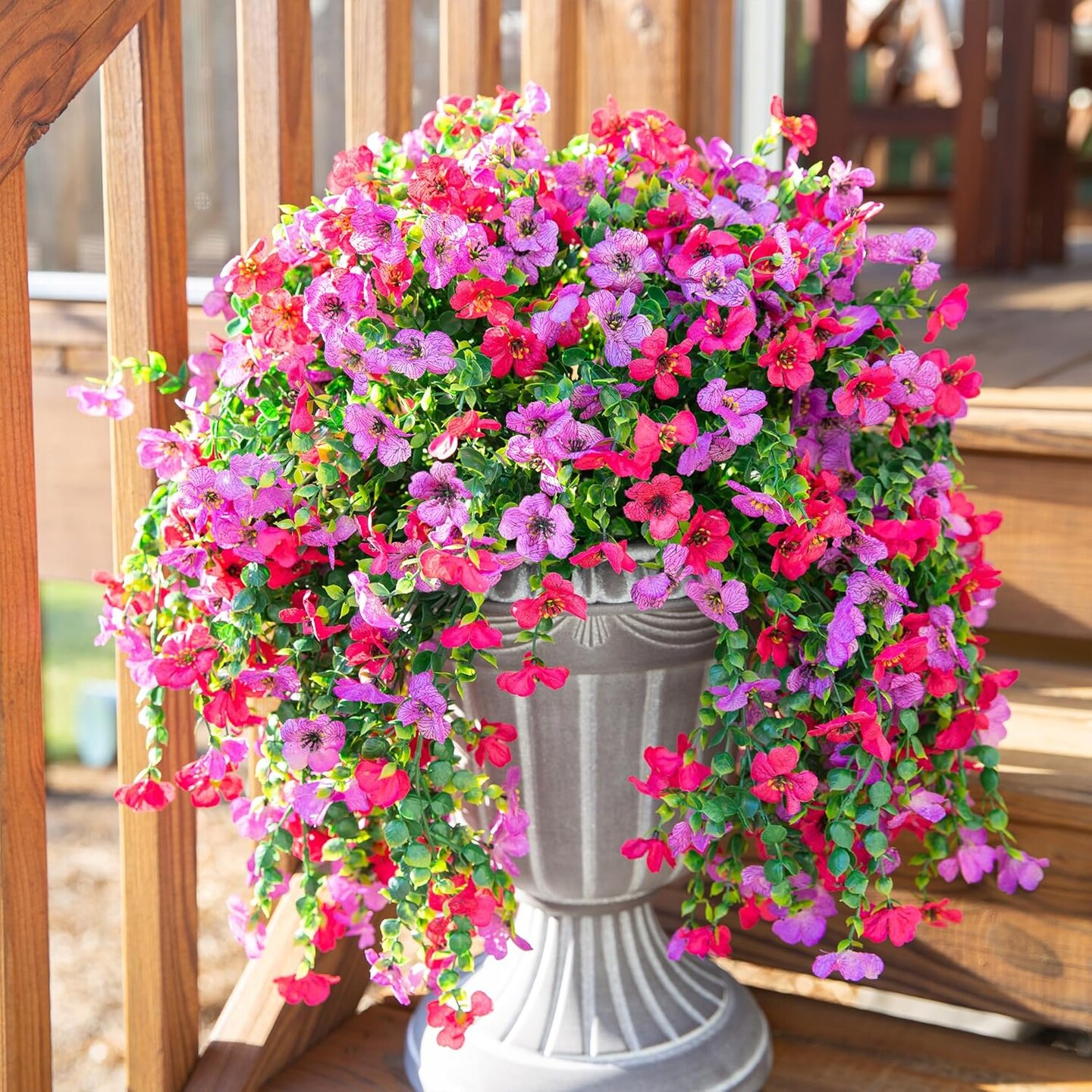 Artificial Faux Hanging Flowers Plants for Outdoor Decor, 2 PCS Outside Fake Silk Violets with Eucalyptus UV Resistant Realistic Daisy Trailing Vines for Planter Balcony Porch Patio Yard, Purplepink