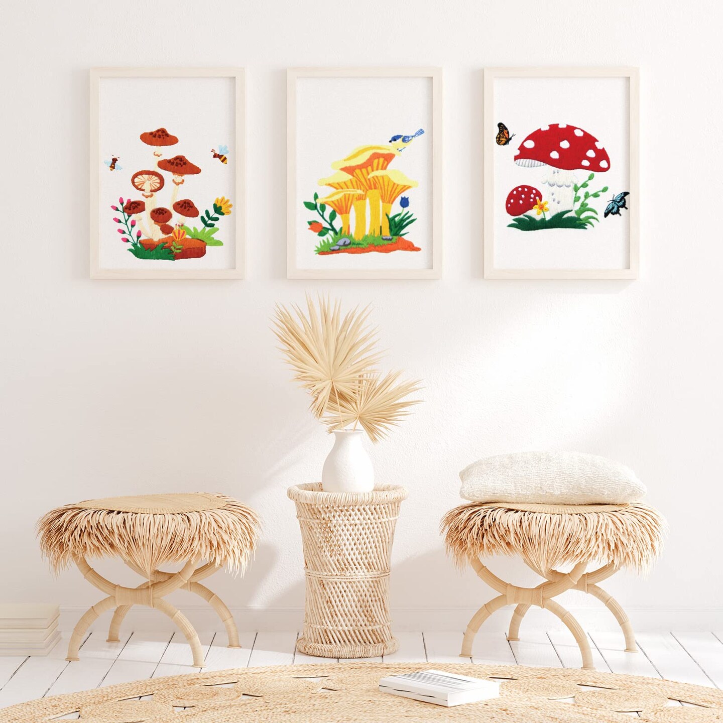 5 Sets Mushroom Embroidery Kit for Beginners with Pattern and Instructions Include Embroidery Cloth Hoops Threads for Craft Lover Hand Stitch DIY Adult Hand Needlepoint