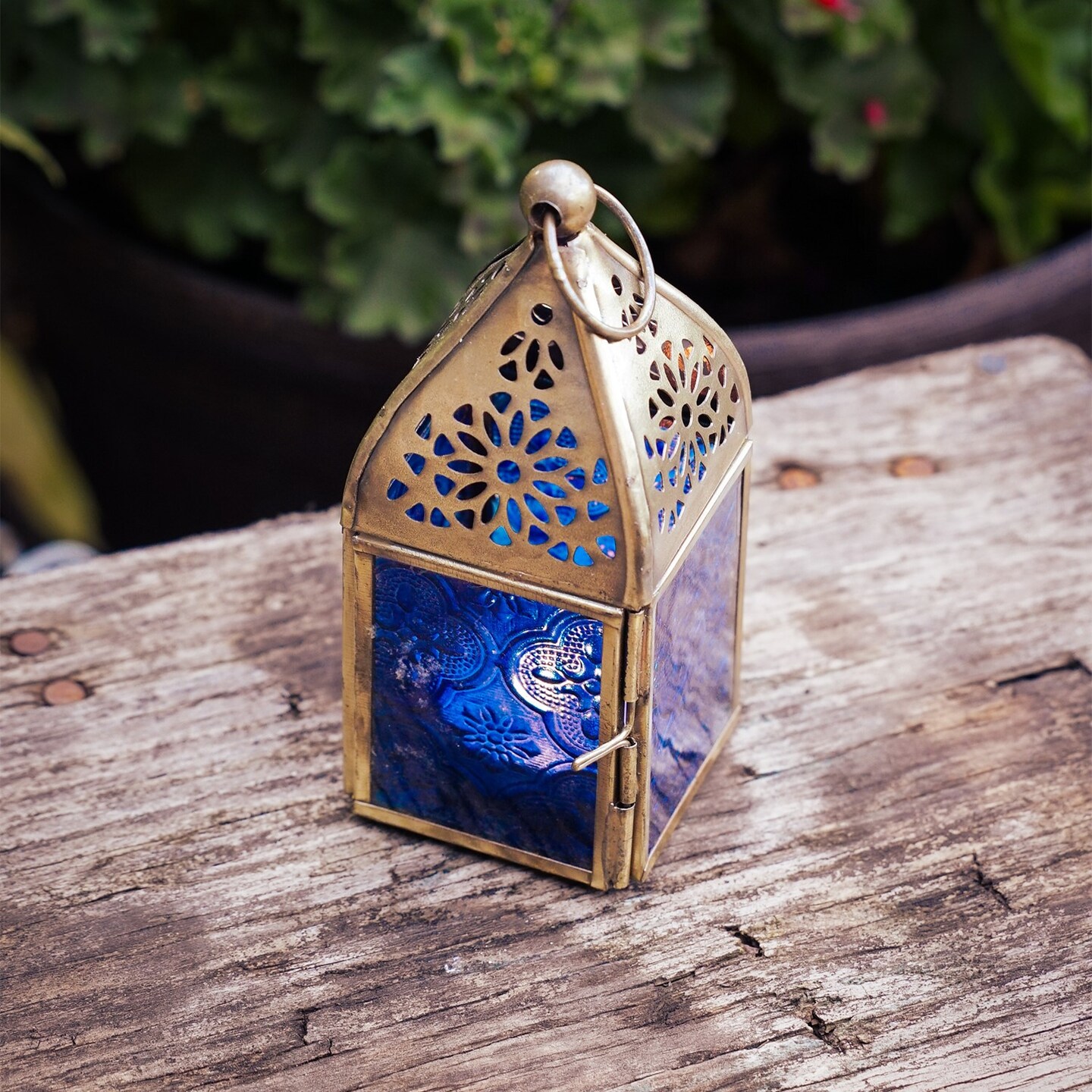In the Breeze 9201 — Blue Mini Square Tealight Lantern — Moroccan-Style Boho Chic Tealight Glass and Metal Tabletop Lantern