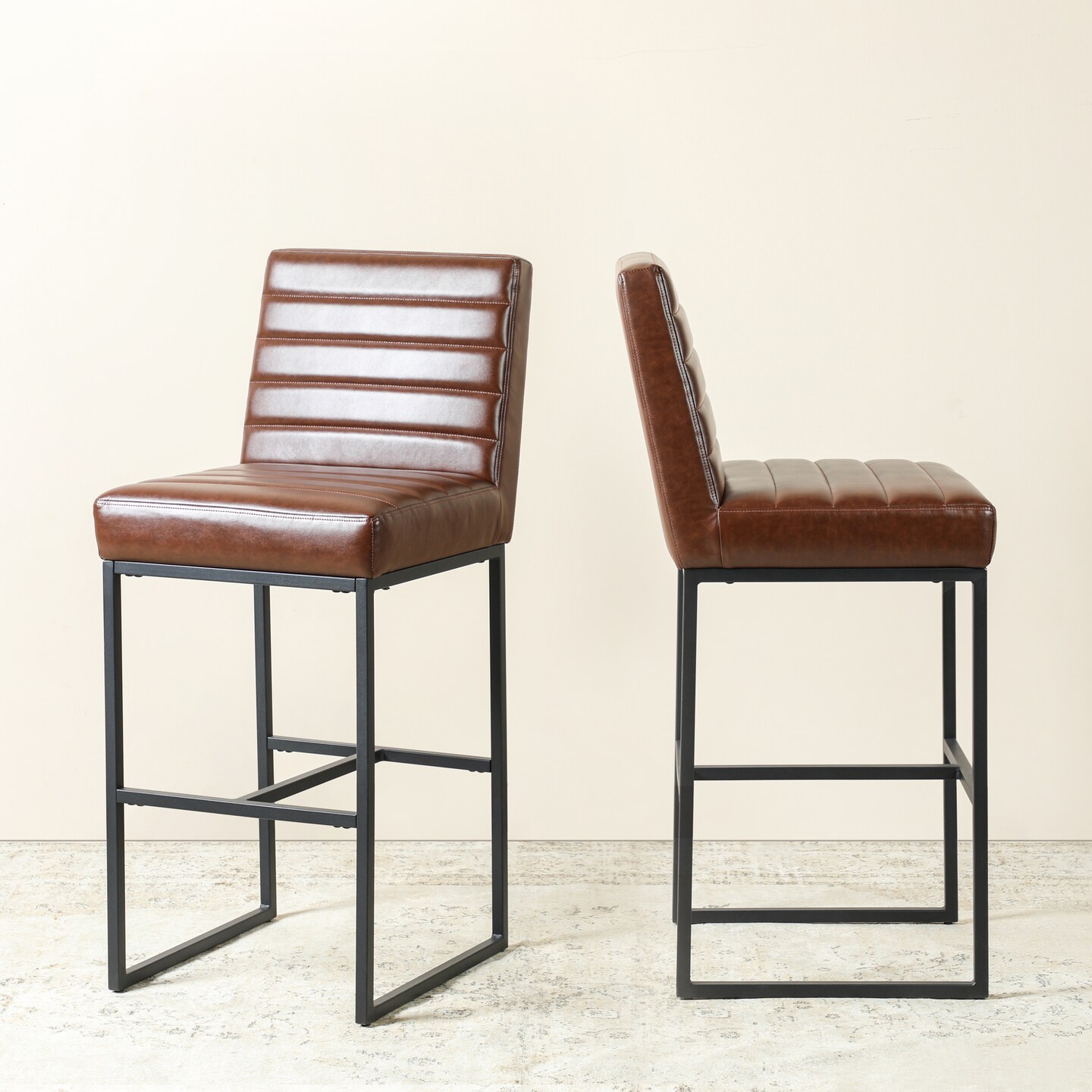 Set of 2/4 Industrial Modern Brown Quilted Leatherette Bar Stools with Black Metal Frame