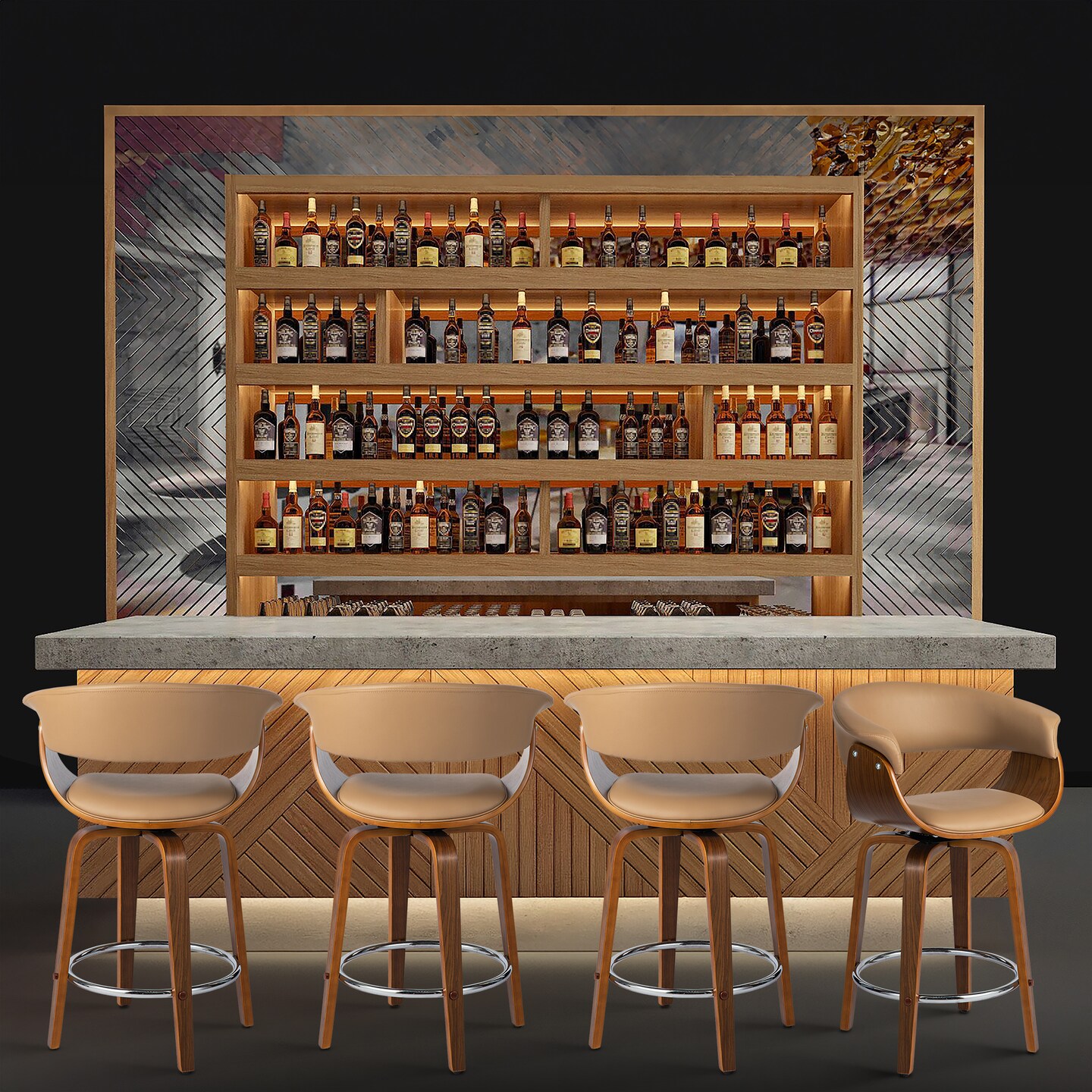 Set of 2/4 Mid-century Modern Leatherette Swivel Bar Stools/Counter Stools with Walnut Bentwood Frame