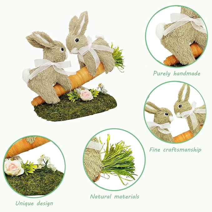 8.9 Inches Sisal Easter Bunny Decor on Carrot Seesaw, Natural Straw Easter Decorations Bunny Figurine on Moss Meadow as Spring Decor, Easter Table Decor