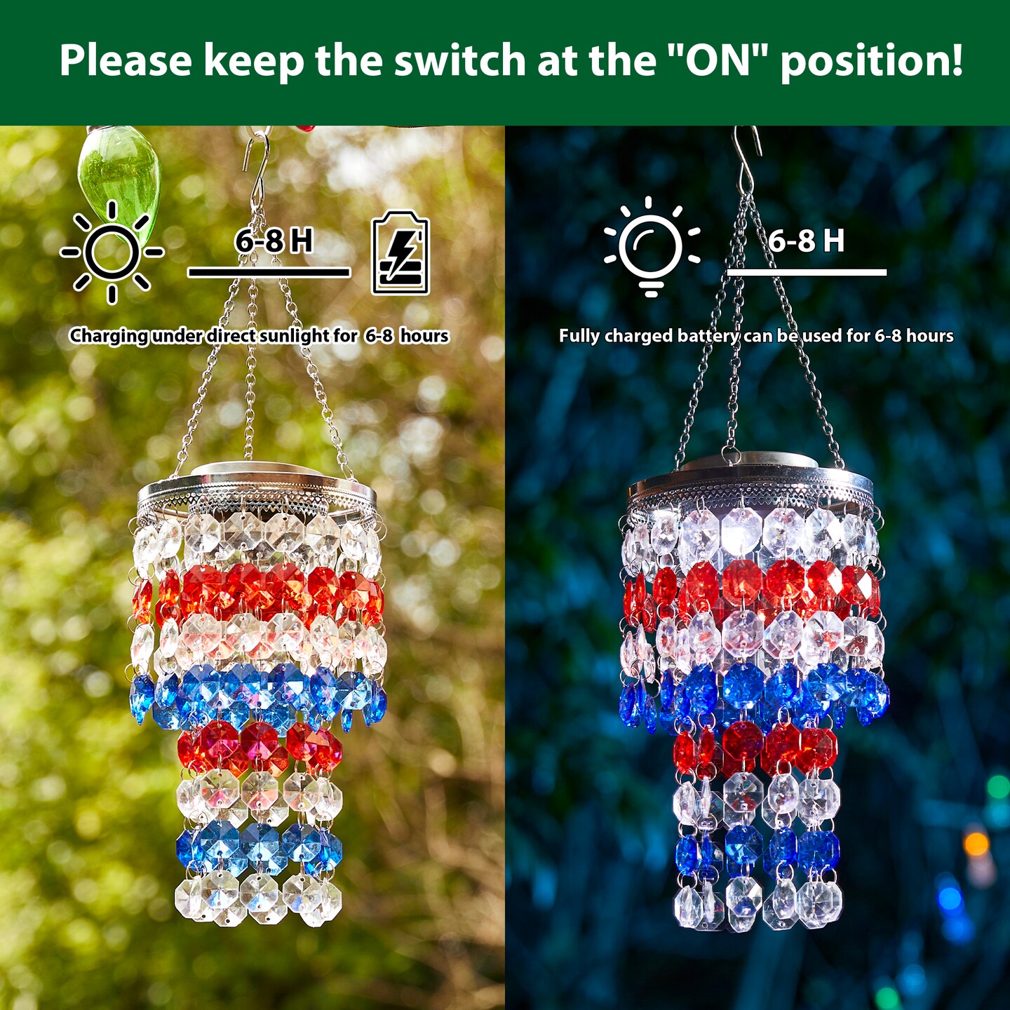 19"H Set of 2 Solar Lighted Patriotic Wind Chime Hanging Decor