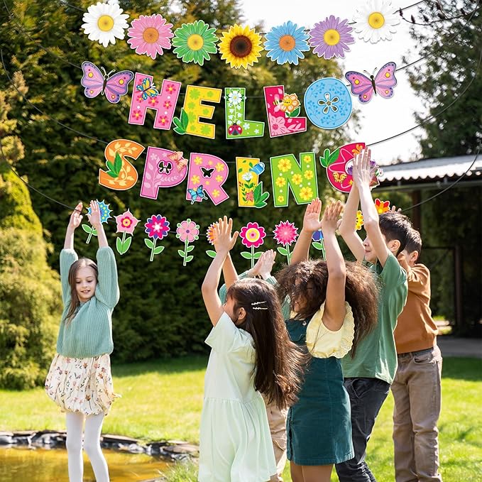 Spring Banner, NO-DIY Spring Decorations includes Hello Spring Banner, Spring Flower Garland and Spring Garland, Spring Party Decorations for Spring Easter Mantel Fireplace Hanging Decor