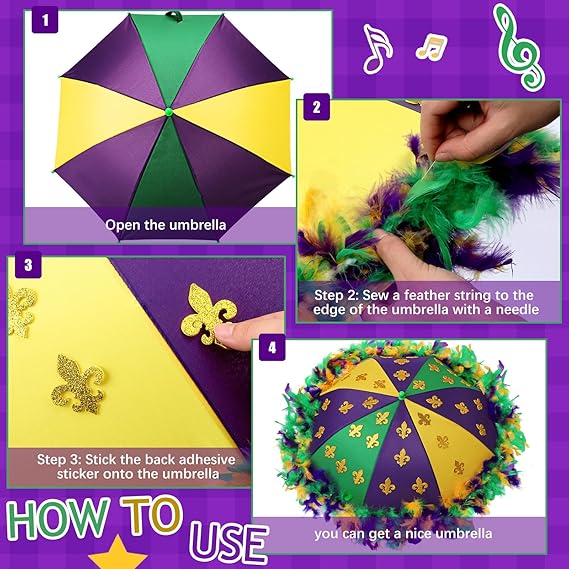 2 Pcs Mardi Gras Umbrella 22 x 2 Inch Second Line Umbrella with 2 Purple Yellow Green Feather String 2 Glue Point and 200 Glitter Stickers Mardi Gras Decoration for Masquerade Costume