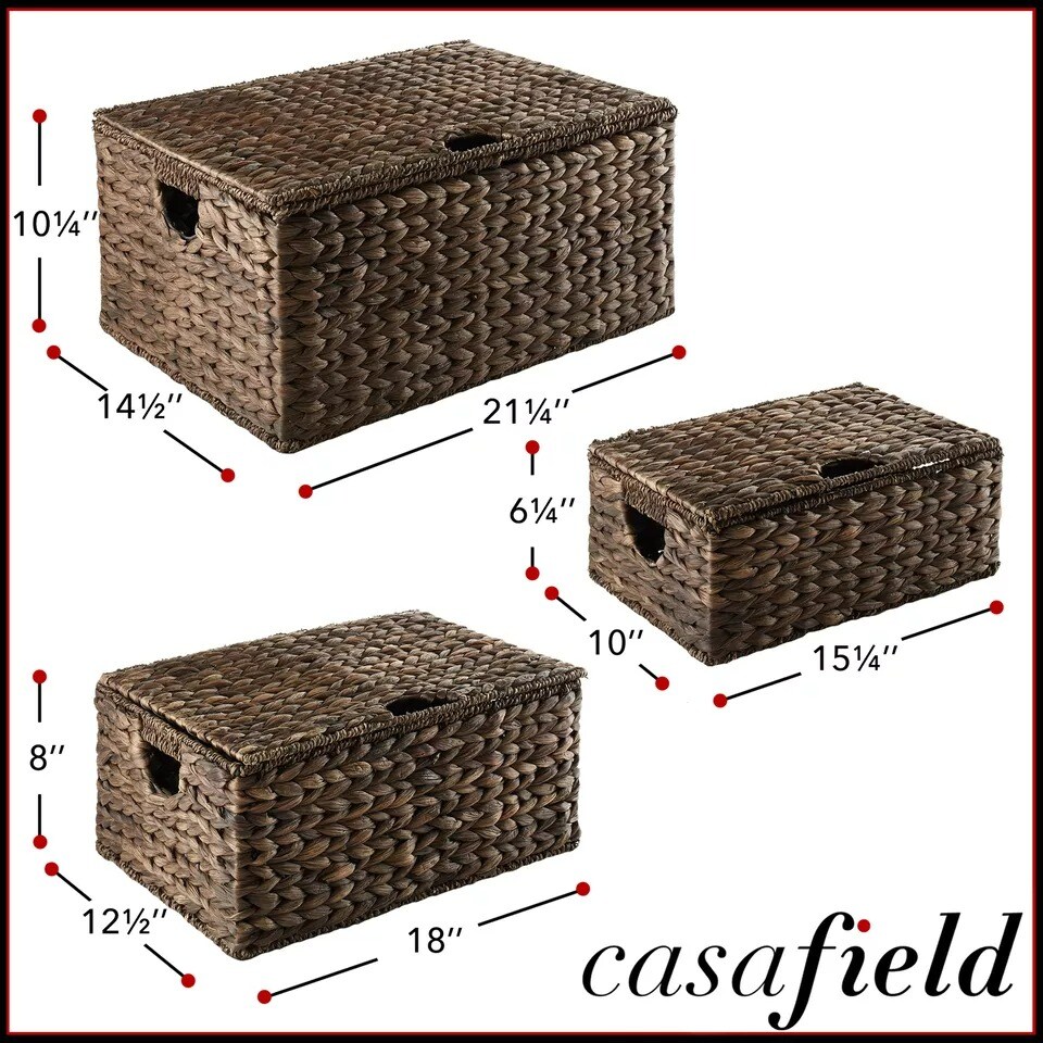 Water Hyacinth Storage Baskets with Lids, Rectangular Woven Wicker Tote Bins