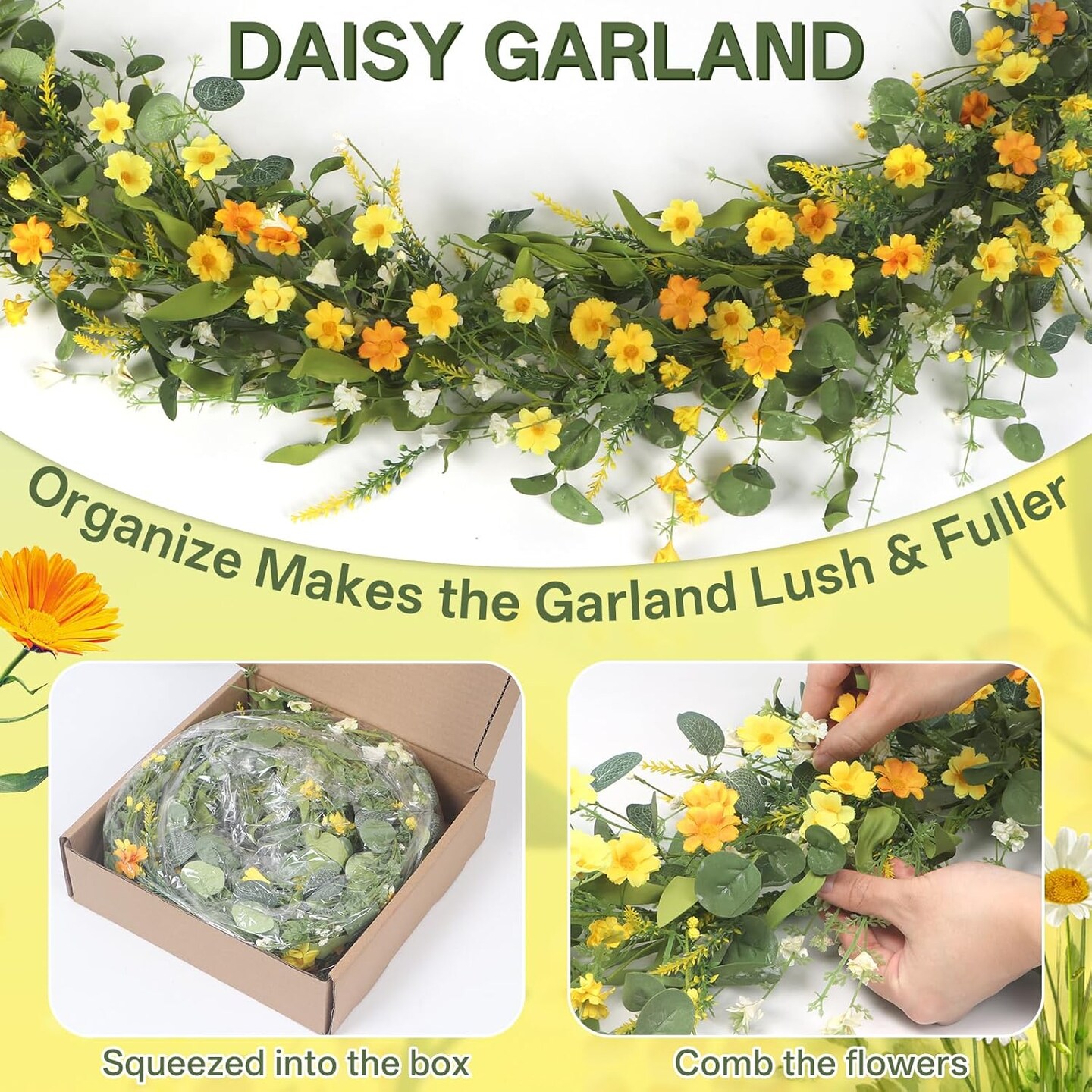 Daisy Garland for Mantle, 6Ft Artificial Spring Garland for Table Centerpiece All Year Round Home Decor,Gorgeous Summer Garland for Indoor Outdoor Farmhouse Wedding Arch Porch Staircase Floral Decor.