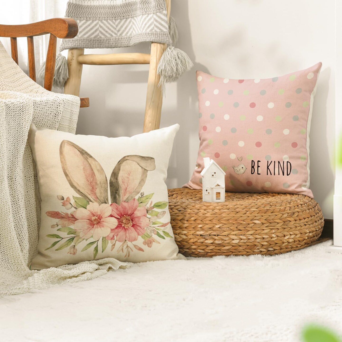 Easter Rabbit Flower Buffalo Plaid Be Hoppy Throw Pillow Cover, 18 x 18 Inch Polka Dot Bird Be Kind Cushion Case Decoration for Sofa Couch Set of 4