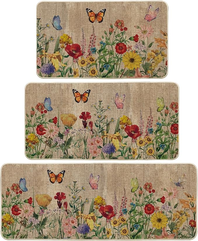 Artoid Mode Wood & Butterfly Spring Kitchen Rug Set – 3 Low-Profile Floor Mats (17"x29", 17"x36", 17"x47")