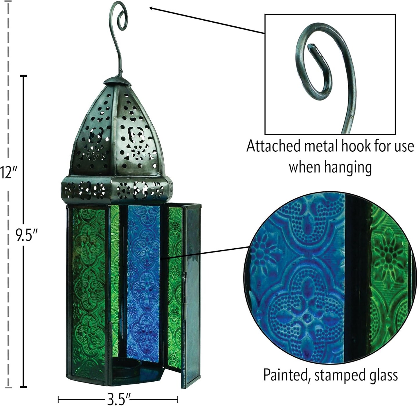 In the Breeze 9212 — Blue & Green Large Hex Tealight Lantern — Moroccan-Style Boho Chic Tealight Glass and Metal Tabletop Lantern