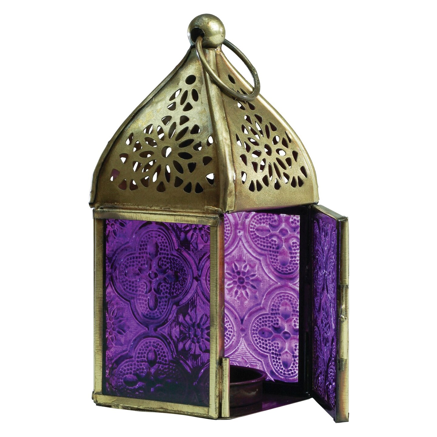 In the Breeze 9203 &#x2014; Purple Mini Square Tealight Lantern &#x2014; Moroccan-Style Boho Chic Tealight Glass and Metal Tabletop Lantern