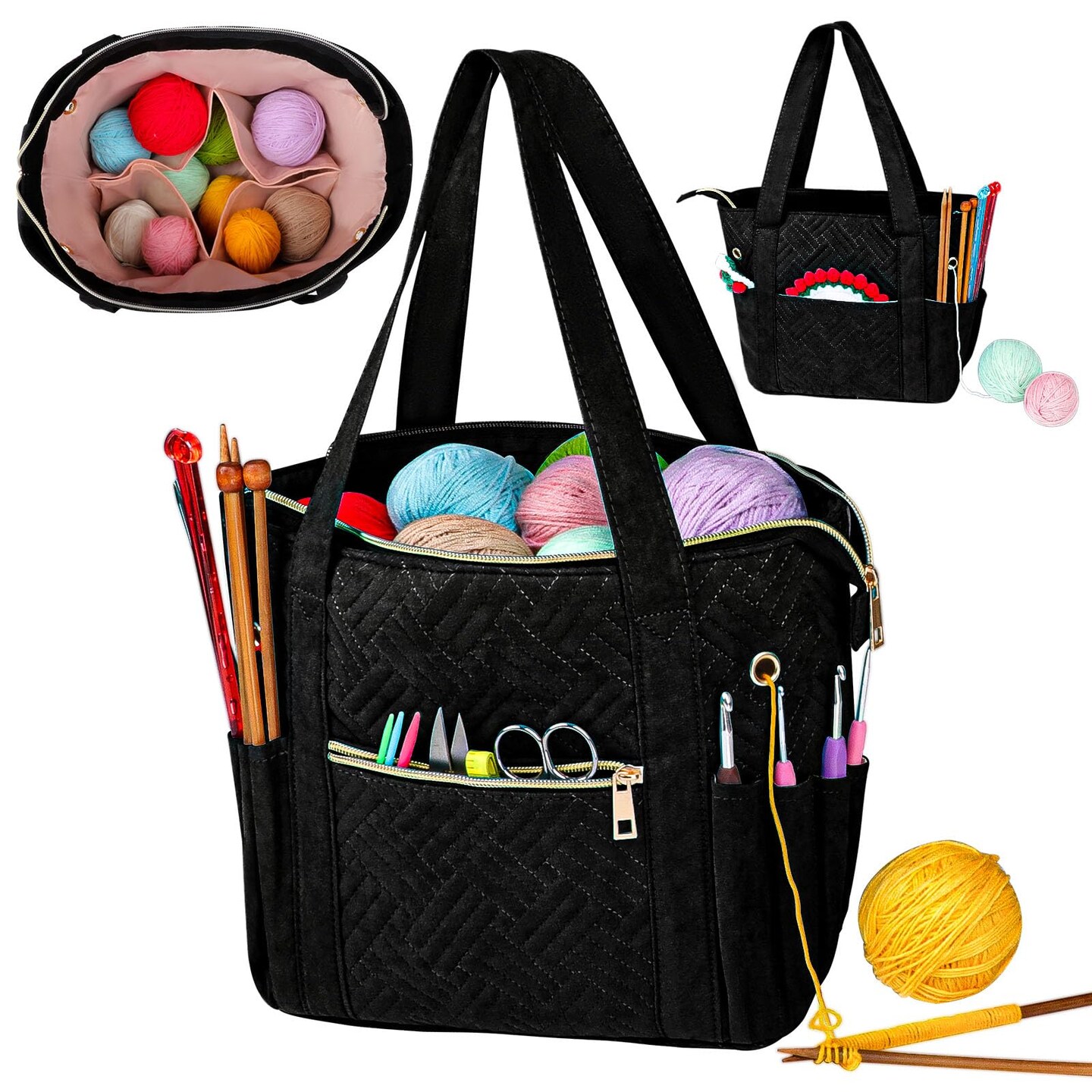 Crochet Bag Organizer for Yarn Storage, Velvet Knitting Tote Bag with Double Handle for Crochet Accessories, Portable Travel Case for Yarn Balls, Crochet Hooks&#x26; Knitting Needles Holder (Black)
