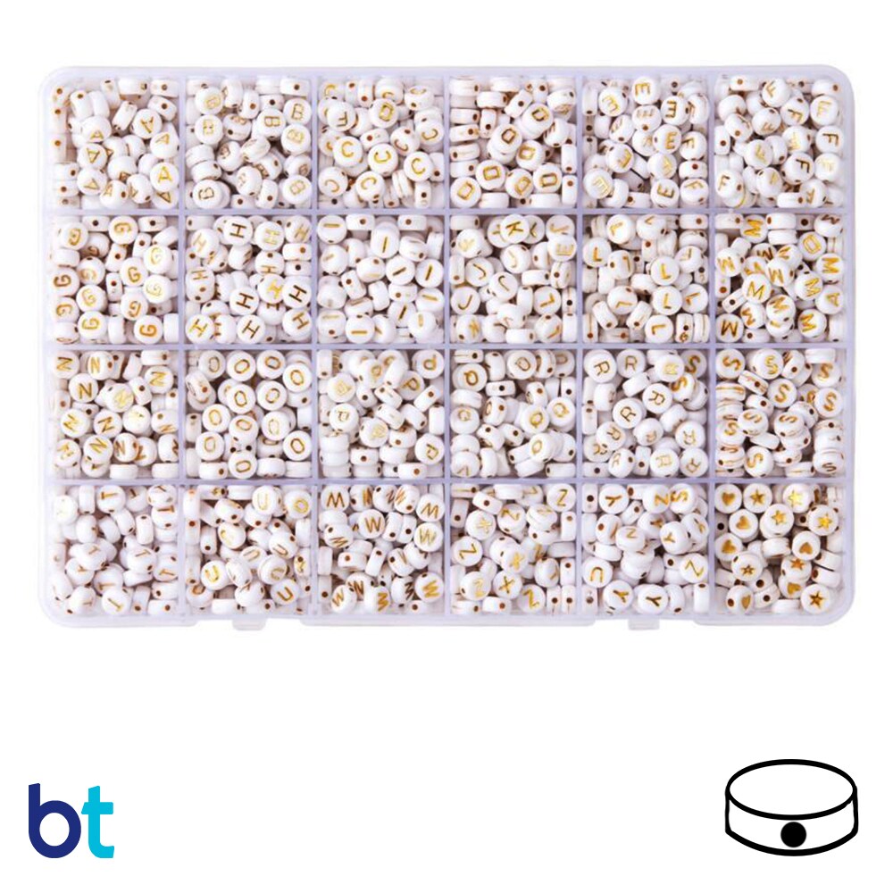 BeadTin White Opaque 7mm Coin Alpha Beads - Gold Letters (Box Set)